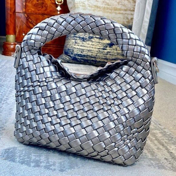 Silver Braided Vegan Leather Crossbody Bag - Picture 1 of 10